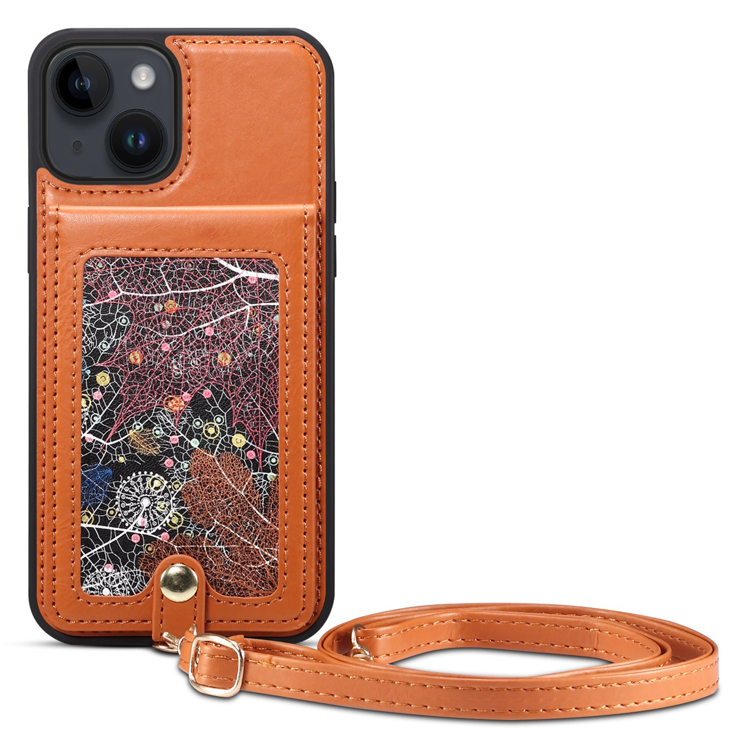 For iPhone 14/13 Cell Phone Case Card Holder Kickstand Leather Coated TPU Cover with Shoulder Strap For iPhone 14/13 Cell Phone Case Card Holder Kickstand Leather Coated TPU Cover with Shoulder Strap